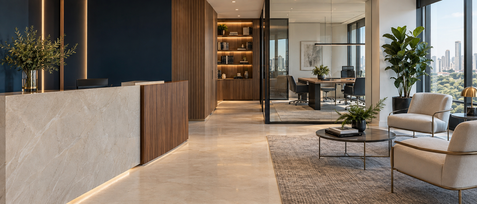 Escritório contemporâneo com recepção e sala de reunião